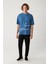 Erkek İndigo %100 Pamuk Bisiklet Yaka Baskılı Oversize Fit T-Shirt A41Y1038 6