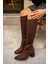 Volera Acı Kahve Süet Küt Burun Topuklu Çizme 1
