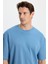 Unisex Oversize Geniş Kesim %100 Pamuk Yumuşak Dokulu Basic Bisiklet Yaka Indigo Tişört 1