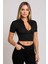 Kadın Siyah Yarım Fermuarlı ve Kısa Kollu Crop Top Bluz 2