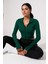Kadın Yeşil Uzun Kol Fermuarlı Parmak Geçme Detaylı Dik Yaka Crop Top Bluz 2