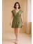 Kadın Haki Yanları Yırtmaçlı Tokalı V Yaka Mini Plaj Elbisesi 7