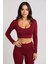 Kadın Bordo Uzun Kol Kare Yaka Crop Top Bluz 1