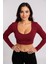 Kadın Bordo Uzun Kol Kare Yaka Crop Top Bluz 4