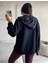 Kadın Siyah Kapüşonlu Cepli Fermuarlı Sweatshirt 3