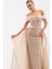Kadın Bej Kayık Yaka Kuyruklu Uzun Abiye Elbise 3