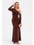 Kadın Kahverengi Tek Omuz Taş Aksesuarlı Maxi Elbise 1