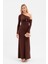 Kadın Kahverengi Tek Omuz Taş Aksesuarlı Maxi Elbise 2