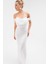 Kadın Beyaz Madonna Yaka Boncuklu Uzun Abiye Elbise 3