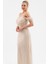Kadın Bej Madonna Yaka Boncuklu Uzun Abiye Elbise 3
