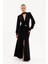 Kadın Siyah Şal Yaka Ön Düğüm Tokalı Uzun Elbise 1