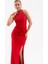Kadın Kırmızı Halter Yaka Taşlı Uzun Abiye Elbise 2