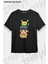 Unisex Bol Kalıp Siyah Pikachu ve Ash Pokemon Tasarım Baskılı T-Shirt 1