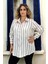 Geniş Manşet Kol Dikine Lacivert Çizgili Büyük Beden Saten Gömlek 1