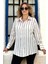 Geniş Manşet Kol Dikine Lacivert Çizgili Büyük Beden Saten Gömlek 4