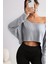 Kadın Gri Melanj Düşük Omuz Kayık Yaka Oversize Uzun Kollu Crop T-Shirt 2