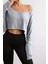 Kadın Gri Melanj Düşük Omuz Kayık Yaka Oversize Uzun Kollu Crop T-Shirt 3