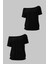 Siyah 2li Paket Kadın Düşük Omuz Kayık Yaka Oversize T-Shirt 1