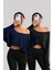 Siyah - Lacivert 2 Li Kadın Düşük Omuz Kayık Yaka Oversize Uzun Kollu Crop T-Shirt 1
