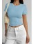 Açık Mavi Bisiklet Yaka Basic Kadın Tişört 2