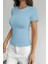 Açık Mavi Bisiklet Yaka Basic Kadın Tişört 3