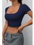 Kadın Kare Yaka Kısa Kollu Yazlık Basic Crop Tişört 5