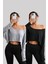Siyah - Gri 2li Kadın Düşük Omuz Kayık Yaka Oversize Uzun Kollu Crop T-Shirt 1