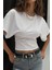 Kadın Beyaz Yarasa Kol Belden Oturtmalı Pamuklu T-Shirt 1