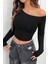 Kadın Asimetrik Yaka Uzun Kollu Crop T-Shirt Siyah 2