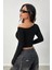 Kadın Asimetrik Yaka Uzun Kollu Crop T-Shirt Siyah 6
