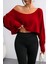 Kırmızı Kadın Düşük Omuz Kayık Yaka Oversize Uzun Kollu Crop T-Shirt 2