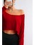 Kırmızı Kadın Düşük Omuz Kayık Yaka Oversize Uzun Kollu Crop T-Shirt 3