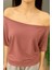 Pudra Kadın Düşük Omuz Kayık Yaka Oversize T-Shirt 2