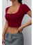 Kadın Kare Yaka Kısa Kollu Yazlık Basic Crop Tişört 3