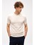 Krem Standart Fit Dar Kalıp Bisiklet Yaka Düz Kısa Kollu Triko Tişört 3
