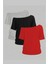 Siyah Gri Kırmızı 3lü Paket Kadın Düşük Omuz Kayık Yaka Oversize T-Shirt 2