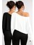 Beyaz - Siyah 2li Kadın Düşük Omuz Kayık Yaka Oversize Uzun Kollu Crop T-Shirt 2