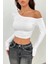 Kadın Asimetrik Yaka Uzun Kollu Crop T-Shirt Beyaz 5