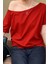 Kırmızı Kadın Düşük Omuz Kayık Yaka Oversize T-Shirt 3