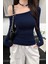 Lacivert Kadın Düşük Omuz Kayık Yaka Dar/slim Uzun Kollu T-Shirt 4