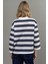 Kadın Çizgili Yuvarlak Yaka Uzun Kollu Tişört Mavi 6