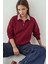 Kadın Dokuma Garni Detaylı Oversize Polo Yaka Sweatshirt Bordo Kırmızı 1