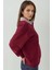 Kadın Dokuma Garni Detaylı Oversize Polo Yaka Sweatshirt Bordo Kırmızı 2