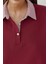 Kadın Dokuma Garni Detaylı Oversize Polo Yaka Sweatshirt Bordo Kırmızı 3