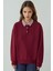 Kadın Dokuma Garni Detaylı Oversize Polo Yaka Sweatshirt Bordo Kırmızı 6