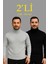Erkek Fitilli Triko Kazak 2'li Set Gri Siyah Regular Balıkcı Yaka Tam Boğazlı Triko Seti Modeli Kazak 1