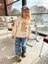 Kız Çocuk Pamuklu Krem Baskılı Sweatshirt ve Yırtık Detaylı Denim Pantolon Takım 2