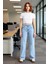Kadın Açık Püsküllü Yüksek Bel Straight Denim Pantolon Fonksiyonel Dayanıklı Kaliteli Spor 3