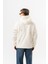 Erkek Süzene Nakış Detaylı Kapüşonlu Oversize Polar Hoodie Ekru 3