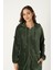 Kadın Haki Kapüşonlu Fermuarlı Pamuklu Kadife Cepli Elbise 3
